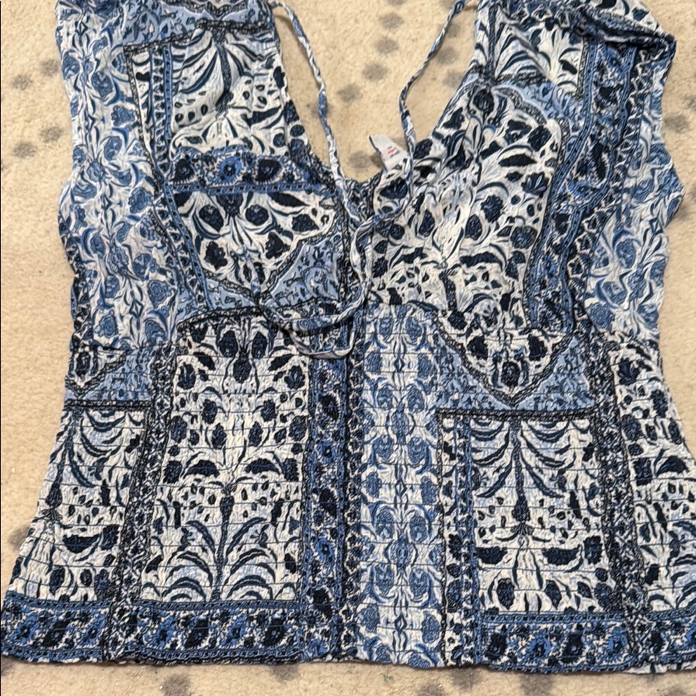 Old Navy Blue and White Patterned Blouse